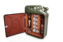 Load image into Gallery viewer, Side view of Jerry Can in green with an open side door. The Jerry Can minibar contains an Optic, mixer cans, a glass and a spare botte of spirit.
